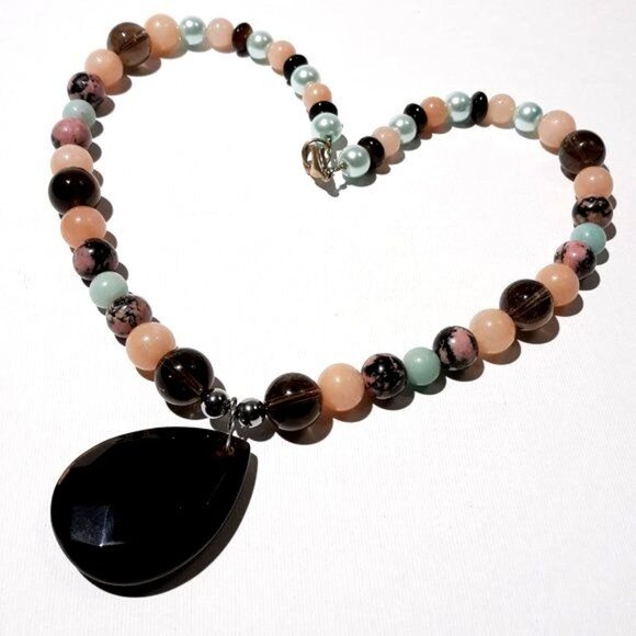 Faceted Teardrop Smokey Quartz Necklace Rhodonite Faux Pearls Silver - Picture 2 of 7